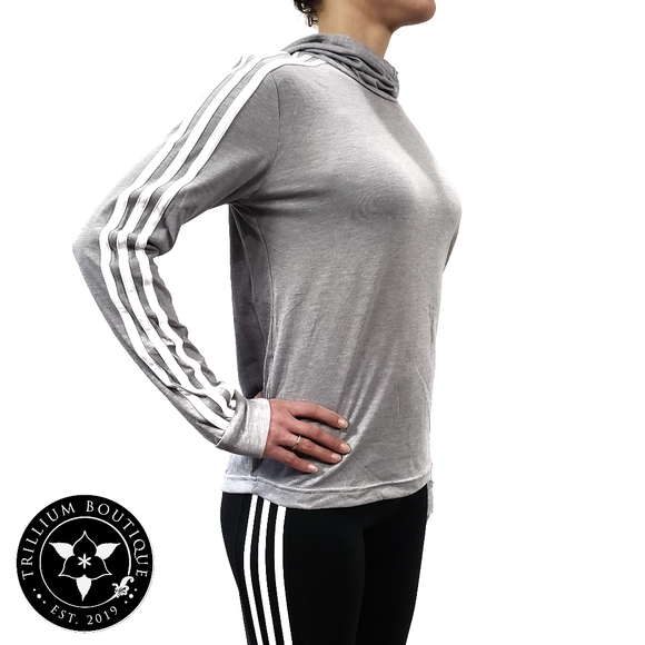 Adidas Climalite Women's Jersey Hoodie Light Gray Adidas Iconic Stripes & Logo - Picture 3 of 6